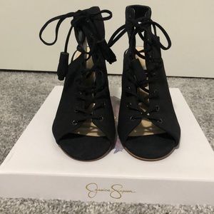 Jessica Simpson, black Tilory lace up block heels, 7.5 (TTS)